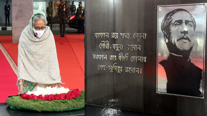 ধানমন্ডিতে বঙ্গবন্ধুর প্রতিকৃতিতে প্রধানমন্ত্রীর শ্রদ্ধা